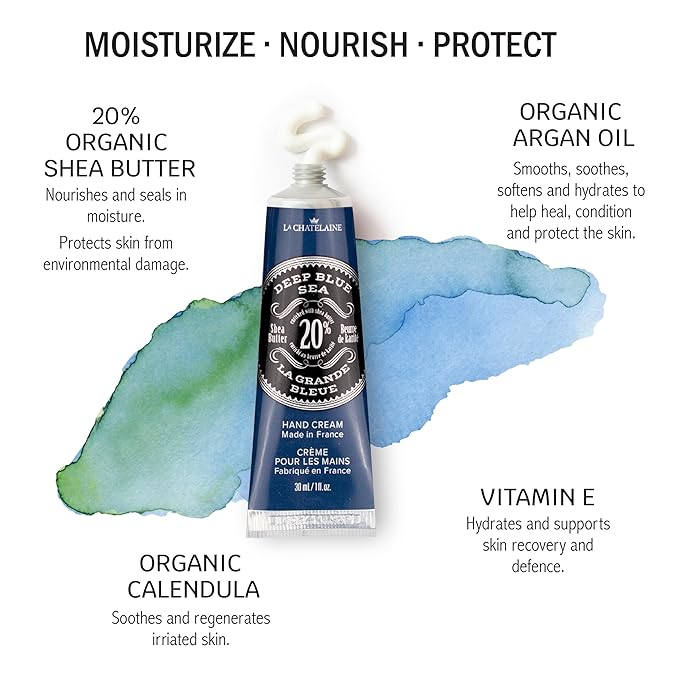 La Chatelaine Hand Cream Gift Set for Men, Ready-To-Gift Travel Size Hand Lotion, Natural Hand Cream Made in France with 20% Organic Shea Butter (Deep Blue Sea, Sandalwood, Citrus Zest) 3 x 1 fl oz LaChatelaine