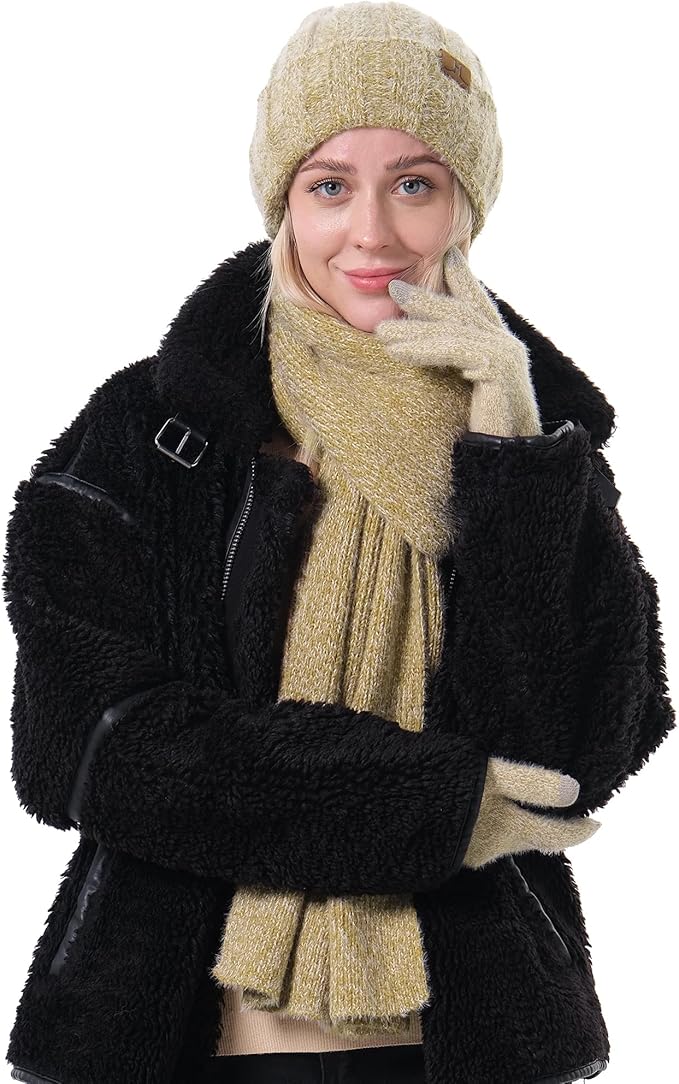 Womens Winter Warm Knit Beanie Hat Touchscreen Gloves Long Neck Scarf Set with Fleece Lined Skull Caps Gifts for Women FZFANTASTICZONE
