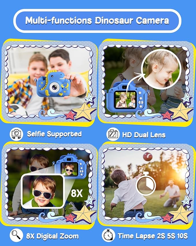 Kids Camera, Dinosaur Toddler Digital Camera for Boys Girls, Christmas Birthday Gifts, Selfie 1080P Camera for 3 4 5 6 7 8 9 Years Old Toys Dark Blue GREENKINDERKidsCamera