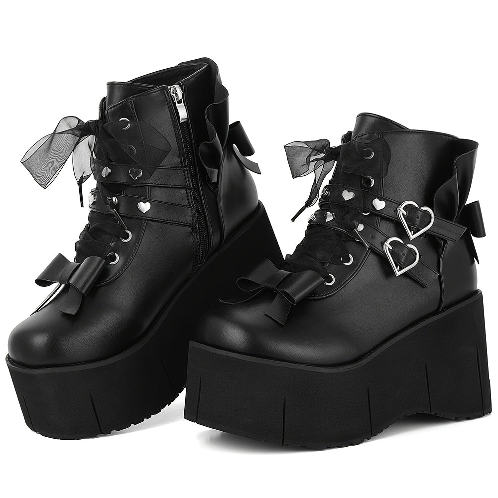 Heart Buckle Bow Platform Boots