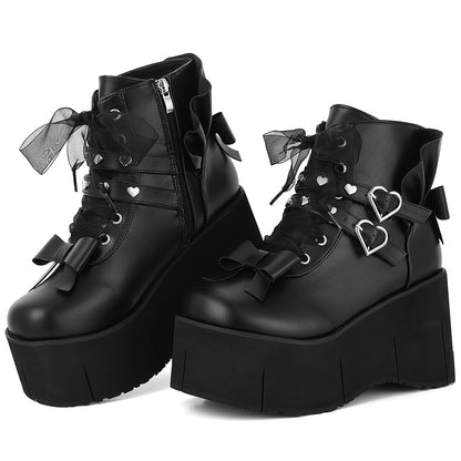 Heart Buckle Bow Platform Boots