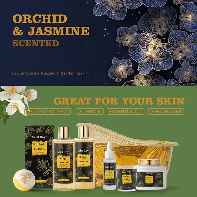 Luxury Home Spa Bath Gift Basket, Spa gift basket Christmas Gifts for Women men, Spa Kit Self-care Gifts, Spa Collection Gift, Orchid Jasmine Bath and Body Gift Pampering Spa Gifts Mother's Day Gift SaintRoy