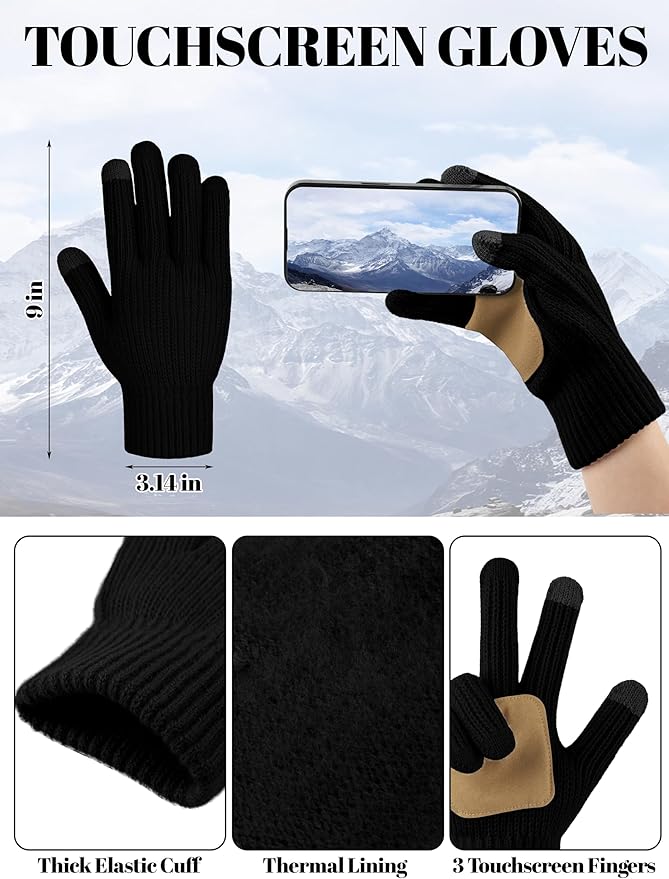 LOROME Women Winter Beanie Hat Scarf Gloves Set, Fleece Knitted Pompom Hat Warm Neck Scarf Touchscreen Gloves Winter Gift LOROME