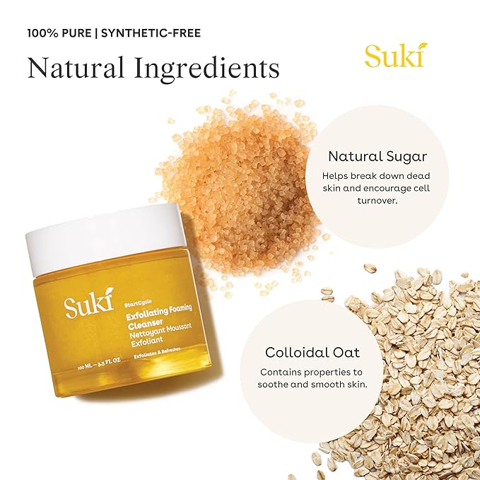 Suki Skincare Exfoliate Foaming Cleanser - With Natural Sugar & Colloidal Oat - Facial Exfoliator & Mechanical Exfoliant that Reduces Dry Skin Buildup While Promoting Radiant, Smooth, Soft Skin - 4 oz Suki