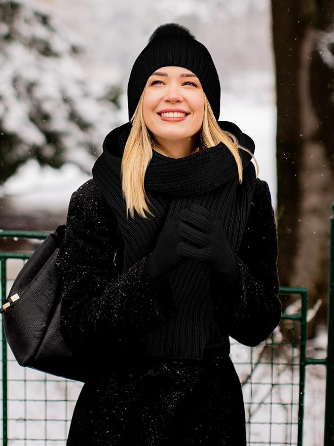 LOROME Women Winter Beanie Hat Scarf Gloves Set, Fleece Knitted Pompom Hat Warm Neck Scarf Touchscreen Gloves Winter Gift LOROME