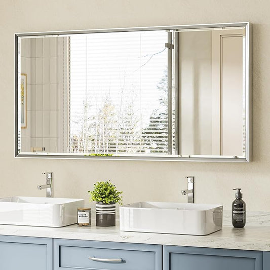 48 x 24 Satin Silver Bathroom Vanity Mirror, Beveled Silver Framed for Bathroom Wall, Shatterproof Rectangle(Vertical/Horizontal) QUEENFUN