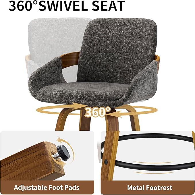 26 inch Modern Bar Stools Set of 3, Walnut Wood and Fabric Bar Chair, 360° Swivel Seat, Stylish and Comfortable Barstool for Kitchen, Bar Counter, Dining Area - Charcoal Grey VipDesk