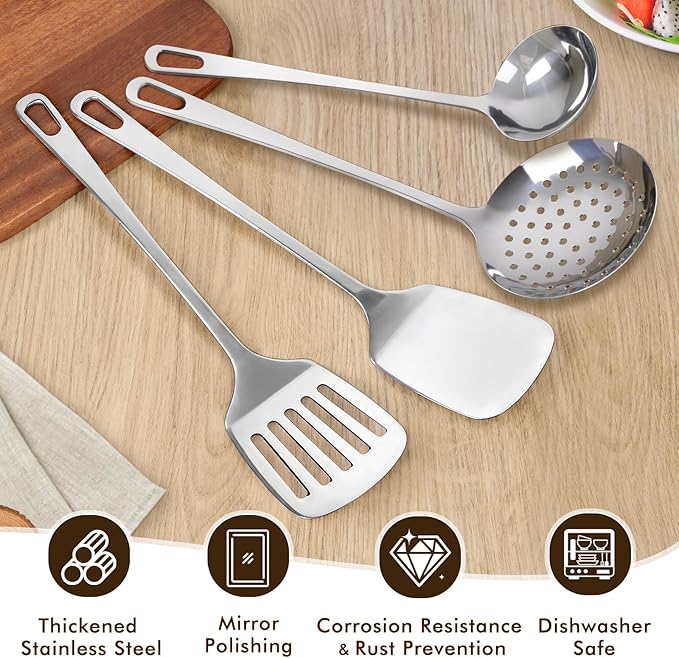 4 Pcs Cooking Utensils Set, Stainless Steel Kitchen Utensils, Heat Resistant Metal Kitchen Tools Include Solid & Slotted Turner Wok Spatula, Serving Spoon, Ergonomic Handle, Easy to Clean, Silver Kick Boosters