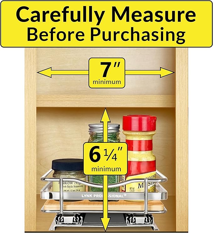 LYNK PROFESSIONAL® Élite™ Pull Out Spice Rack Organizer for Inside Kitchen Cabinets - 6-3/8 inch Wide - Slide Out Drawer – Wood/Chrome Sliding Spice Cabinet Organization Shelf Racks - 1 Tier LYNKPROFESSIONAL