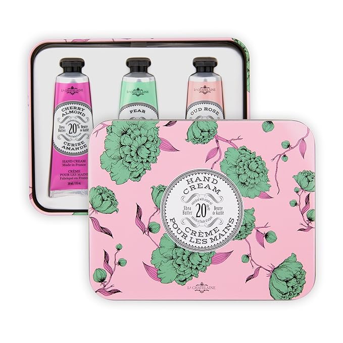 La Chatelaine Rose Hand Cream Trio Tin Gift Set, Ready-To-Gift Tin, Nautral, Made in France with 20% Organic Shea Butter, Nourishing and Moisturizing (Cherry Almond, Pear, Oud Rose) LaChatelaine