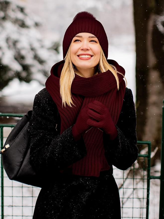 LOROME Women Winter Beanie Hat Scarf Gloves Set, Fleece Knitted Pompom Hat Warm Neck Scarf Touchscreen Gloves Winter Gift LOROME