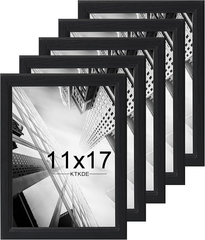 KTKDE 11x17 Picture Frame Set of 5,Black Wooded Shatter Resistant Glass, Vertical & Horizontal Wall Hanging for Wall Display,Studio Gallery Photo Frame for Photos, Posters & Art Prints KTKDE
