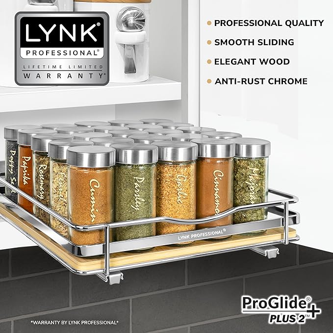 LYNK PROFESSIONAL® Élite™ Pull Out Spice Rack Organizer for Inside Kitchen Cabinets - 10-3/8 inch Wide - Slide Out Drawer – Wood/Chrome Sliding Spice Cabinet Organization Shelf Racks - 1 Tier LYNKPROFESSIONAL