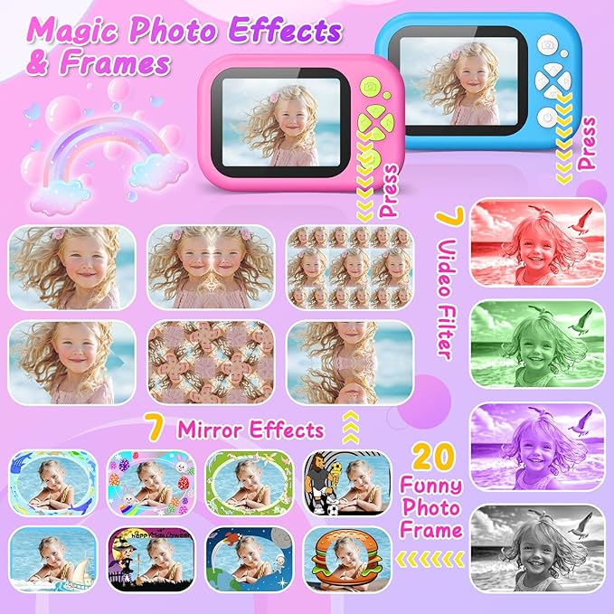 Kids Waterproof Camera, 1080P HD Underwater Digital Camera for Kids Aged 3-12, IP68 Swimming & Snorkeling Toy, ABS Plastic, 32GB Card, Birthday Gift for Children Boys Girls, Pink Kick Boosters