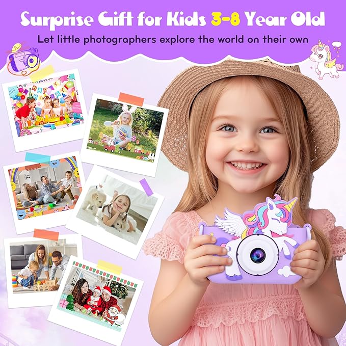 Kids Camera Unicorn Toys for Girls, Digital Camera for Kids Age 3-8 Toddler Travel Toys, Birthday Gift for Girls 3 4 5 6 7 8 Year Old Christmas, HD 1080P Video Camera, 32G SD Card Included (Purple) AlotwanKidsToys