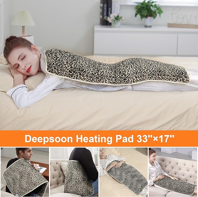 Deepsoon Heating Pad,Electric Heating Pads for Back,Neck,Abdomen,Moist Heating Pad for Shoulder,Knee,Arms,Legs,Dry/Moist Heat & Auto Shut Off,Birthday Gifts for Men and Women,Leopard Print,33x17 Inch Deepsoon