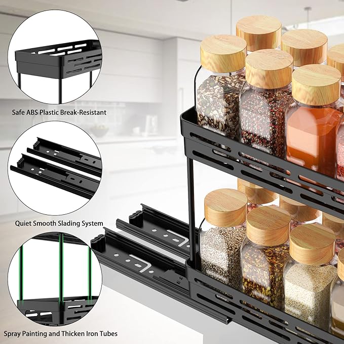 2 Pack Pull Out Spice Rack Organizer for Cabinet, Slide Out Spice Racks Organizer, Spice Cabinet Organizers, Cabinet Size Need:12'' Highx11'' Deepx5'' Wide,Hold 10 Spice Jar Each Tier-2Tier, Black DABIGE