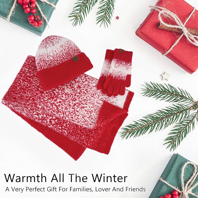 Womens Winter Knit Beanie Hats and Touchscreen Gloves Long Scarf Set with Warm Fleece Lined Skull Caps Scarves for Women FZFANTASTICZONE