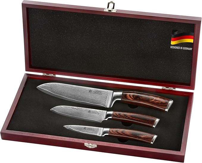 Wakoli EDIB 3-Piece Damascus Kitchen Knife Set in Wooden Gift Box – Sharp Knives Set made of Genuine Damascus Steel (VG10 Core) – Santoku, Small Santoku & Paring Knife – Ergonomic Pakkawood Handles Wakoli