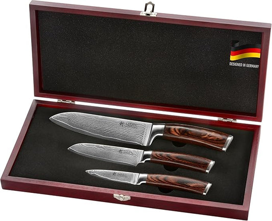 Wakoli EDIB 3-Piece Damascus Kitchen Knife Set in Wooden Gift Box – Sharp Knives Set made of Genuine Damascus Steel (VG10 Core) – Santoku, Small Santoku & Paring Knife – Ergonomic Pakkawood Handles Wakoli