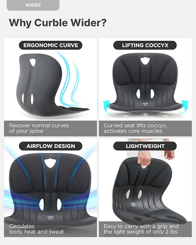 Curble Wider(Standard Wide) – Ergonomic Lower Back Support, Lumbar Support Back Posture Corrector for Low Back Pain Relief, Perfect for Home Office Desk Chair, and Floor Seat, Patented (Black) curble