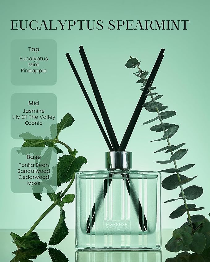M&SENSE Eucalyptus Spearmint Reed Diffuser Set - 7.04oz Diffuser with Sticks, Rich Fragrance & Refreshing Non-Toxic Scent for Home Bathroom Office Study Other Workspaces Needing Focus, Gifts for Women MSENSE