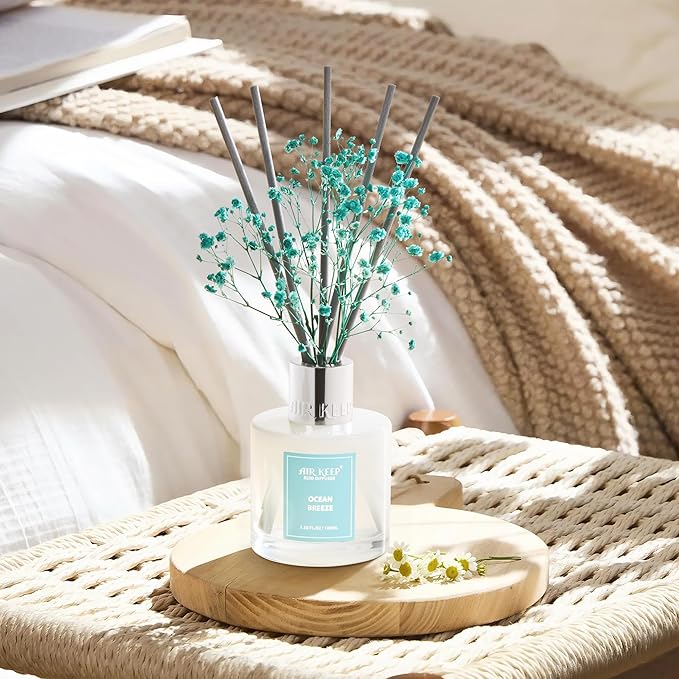 Airkeep Reed Diffuser Set,3.38 fl oz (100 ml) - Ocean Breeze Oil Diffusers with 8 Reed Sticks, Home Fragrance Reed Diffuser for Bathroom Shelf Decor Airkeep