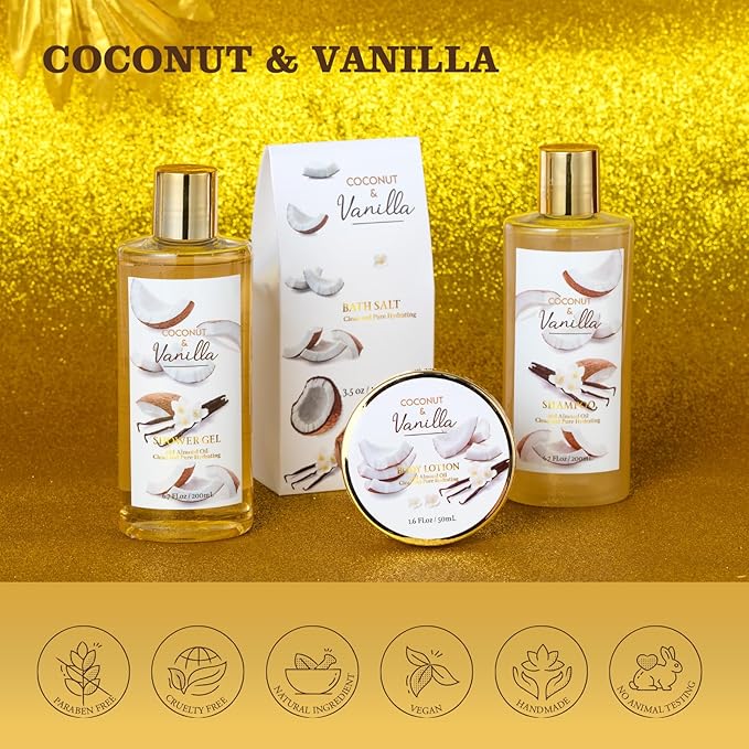 Christmas Gifts for Women and Men - 8-Piece Luxury Coconut Vanilla Bath & Body Gift Set for Women Self Care Kit Spa Gift Baskets | Perfect Gifts for Mom, Birthday Gifts, All Occasion Holiday Present SaintRoy