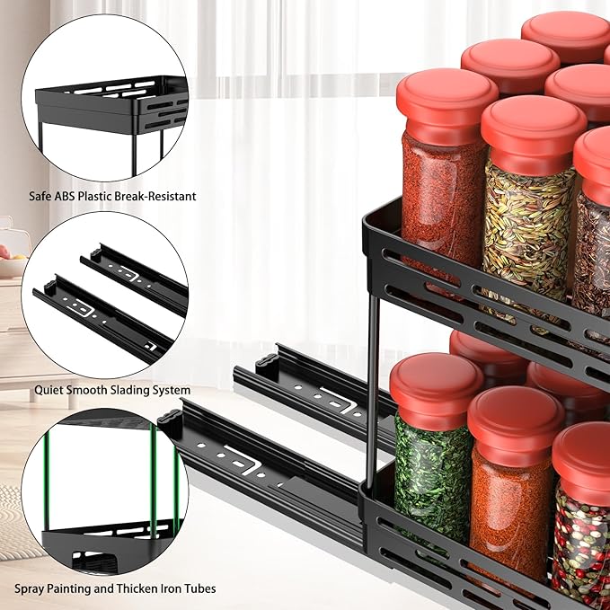 Pull Out Spice Rack Organizer for Cabinet, 2 Pack Widen Slide Out Spice Racks Organizer, Spice Cabinet Organizers, Cabinet Size Need:12'' Highx11'' Deepx6.75'' Wide,Hold 15 Spice Jar Each Tier-2Tier DABIGE