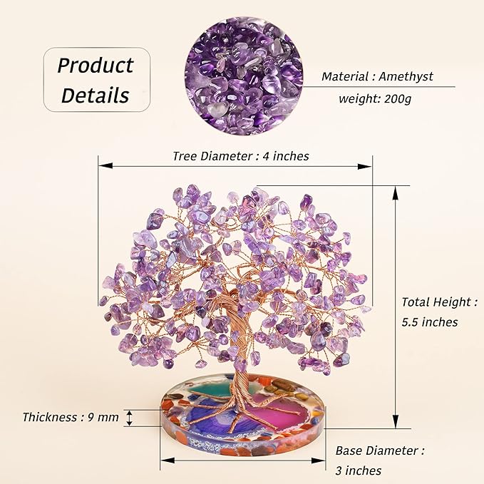 ZenBless 7 Chakra Healing Crystal Stones Tree, Amethyst Leaf Wire Wrapped on Natural Agate Slice Base, Home Office Desk Living Room Feng Shui Decoration for Wealth and Luck ZenBless