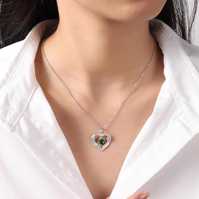 GLAMCARAT Personalized sterling silver pendant necklace with birthstone and name mothers jewelry heart shaped necklace for her birthstone necklace GLAMCARAT