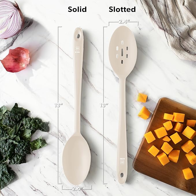 DI ORO Silicone Spoons for Cooking - Large Kitchen Spoons for Mixing, Serving, & Stirring - 600°F Heat-Resistant Non Stick Utensils – Big Solid & Slotted Basting Spoons - Dishwasher Safe (2pc, Clay) DIORO