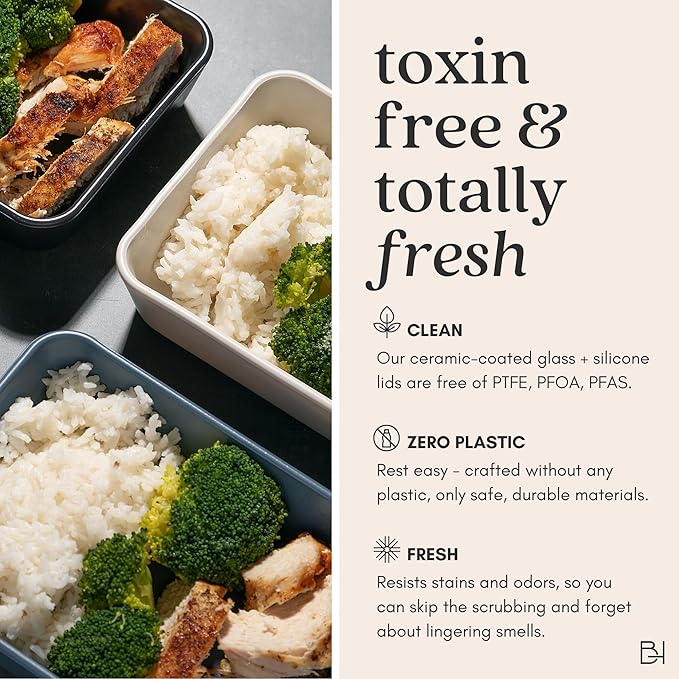 Ceramic Coated Glass Food Storage Container | No PTFE, PFOA, PFAS, and BPA | Reusable Non Toxic Meal Prep Container with Glass Lid | Easy To Store | 6 Piece Food Prep [Willow] BrivaraHome