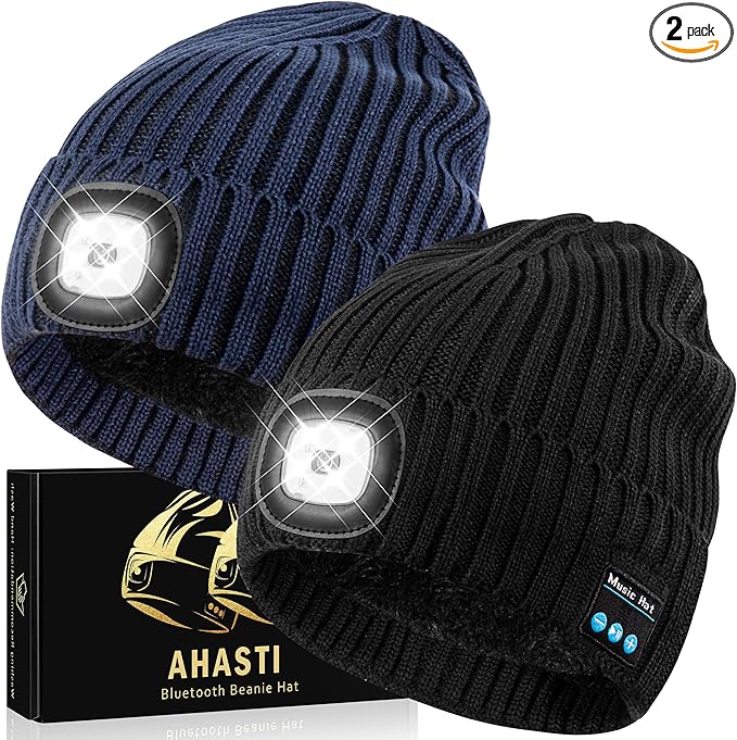 2 Pack Bluetooth Beanie Hat with Light for Men, Rechargeable LED Beanie with Light, Headlamp Cap Wireless Headphones, Christmas Gifts for Teens Stocking Stuffers for Men Dad（Black&Navy） AHASTI