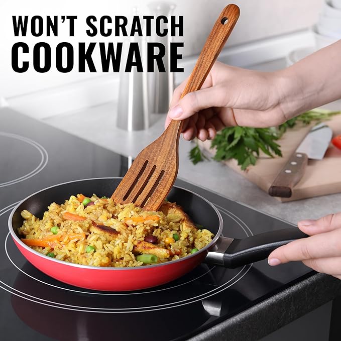 Zulay Kitchen Teak Wood Slotted Spatula – Durable & Heat-Resistant Cooking Utensil for Non-Stick Pans – Wooden Turner for Stirring, Flipping & Serving - Brown ZulayKitchen