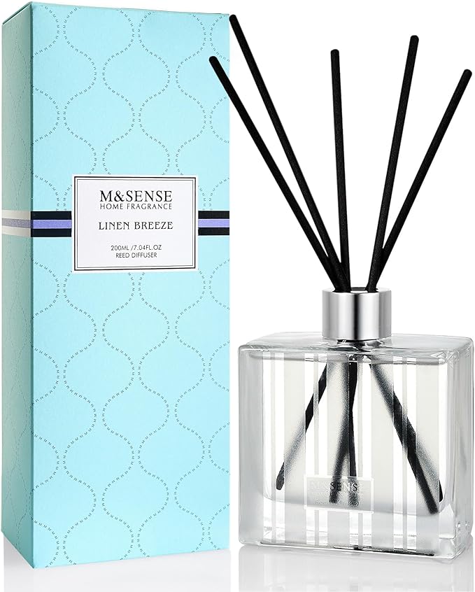 M&SENSE Linen Breeze Reed Diffuser Set - 7.04oz Scented Diffusers for Home with Sticks, Shelf Decor for Bedroom Bathroom Office for Women Friend MSENSE