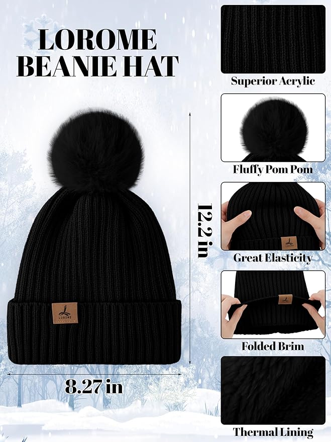 LOROME Women Winter Beanie Hat Scarf Gloves Set, Fleece Knitted Pompom Hat Warm Neck Scarf Touchscreen Gloves Winter Gift LOROME