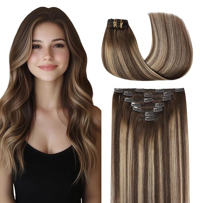 COOKAYU Clip in Hair Extensions Real Human Hair, 4/27/4 Medium Brown to Caramel Blonde Balayage Real Human Hair, Remy Clip in Hair Extensions 18 inch 120g 7pcs COOKAYU