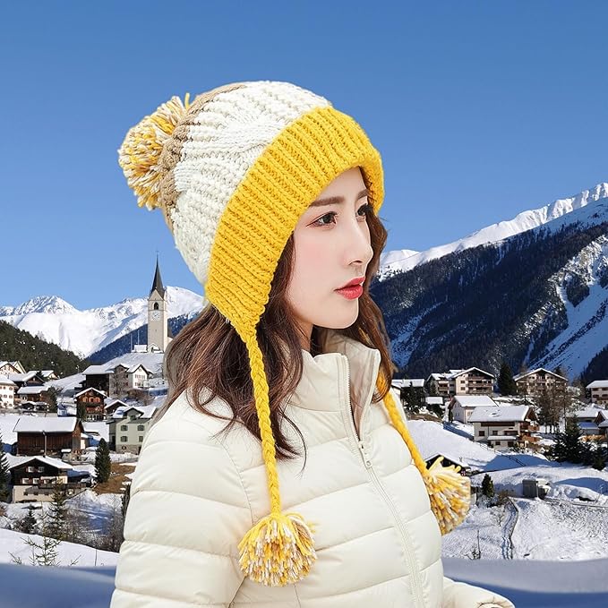 Women Winter Peruvian Cover Ears Beanie Hat Ear Flaps Sherpa Ski Snow Hats Knit Fleece Lined 3 Pom Pom HUAMULAN