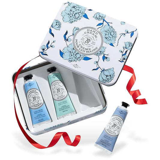 La Chatelaine Hand Cream Trio Tin Gift Set, Ready-To-Gift Tin, Nautral, Made in France with 20% Organic Shea Butter, Nourishing and Moisturizing (Amber Cashmere, Coconut Milk, Lychee Bilberry or Shea) LaChatelaine