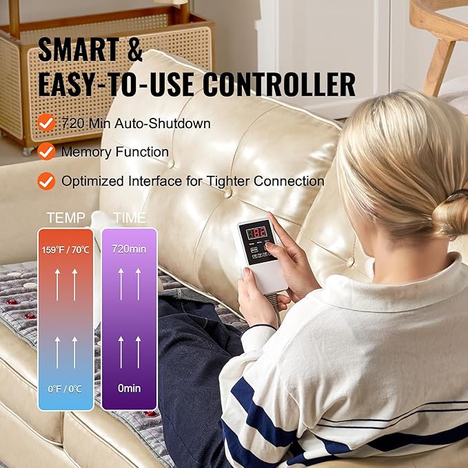 VEVOR Far Infrared Heating Pad, Amethyst Heating Pad with Jade & Tourmaline Stones, 660nm Photon Light & Negative Ions, 103-159℉ Hot Gemstone Mat with 0-12 Hours Timer for Waist Shoulder (60" x 24") VEVOR