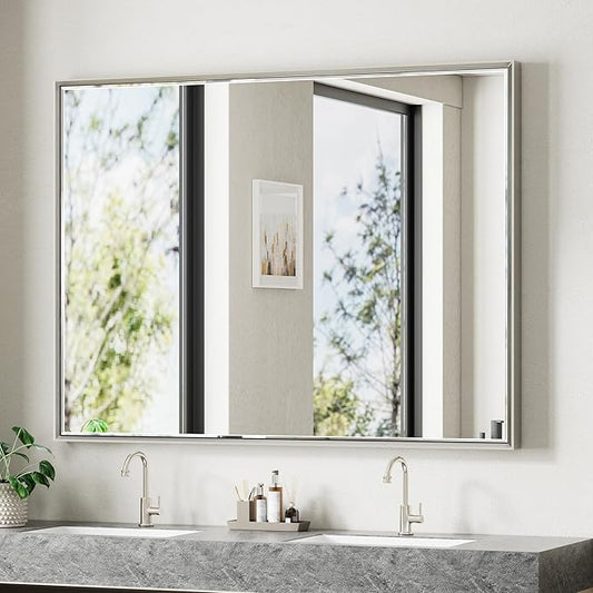 48'' x 36'' Brushed Nickel Framed Beveled Bathroom Mirror, Shatterproof Rectangle Brushed Nickel Frame Mirror, Anti-Rust Vertical/Horizontal Wall-Mounted Mirrors QUEENFUN