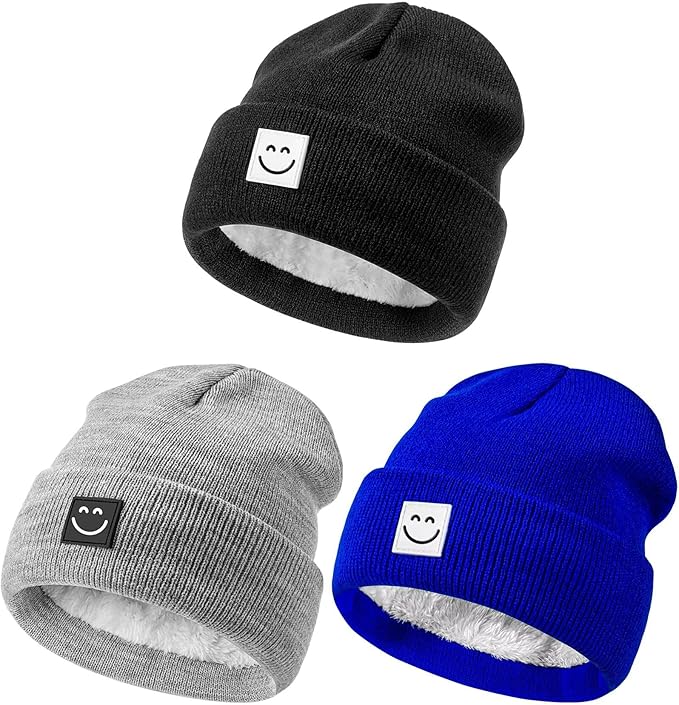 Baby Beanie Hat 3 Packs with Cute Smiley Face, Toddler Girls Boys Baby Hats Winter, Kids Winter Hat Cold Weather Hispeka