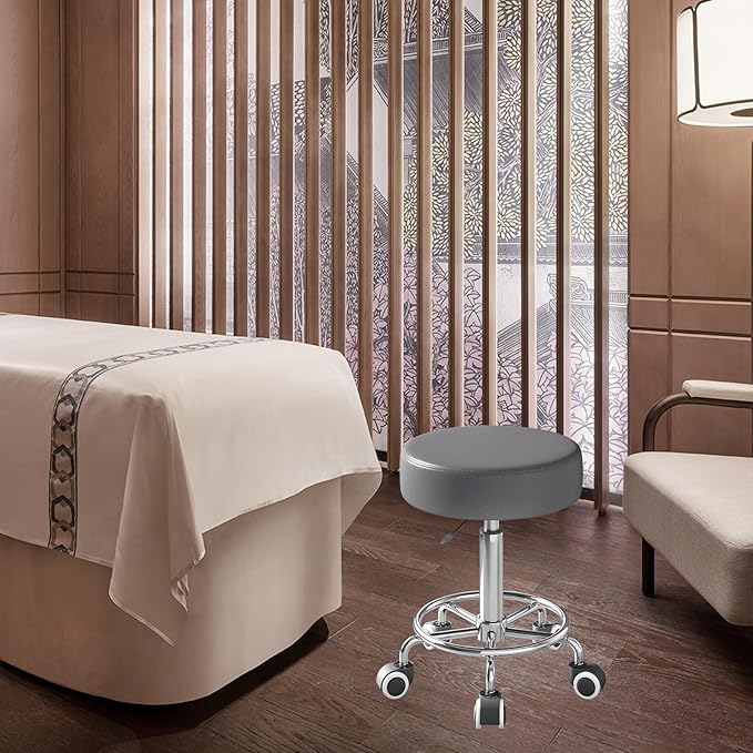 Rolling Stool, Heavy Weight Capacity 250lb, PU Leather Rolling stools, Ultra Soft Padded Seat, Rolling Stools with Wheels and Footrest, 360° Swivel, Spa Drawing Salon Work Office Tattoo Stool (Grey) YEEZEE