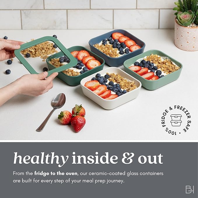 Ceramic Coated Glass Food Storage Container | No PTFE, PFOA, PFAS, and BPA | Reusable Non Toxic Meal Prep Container with Glass Lid | Easy To Store | 6 Piece Food Prep [Crema] BrivaraHome