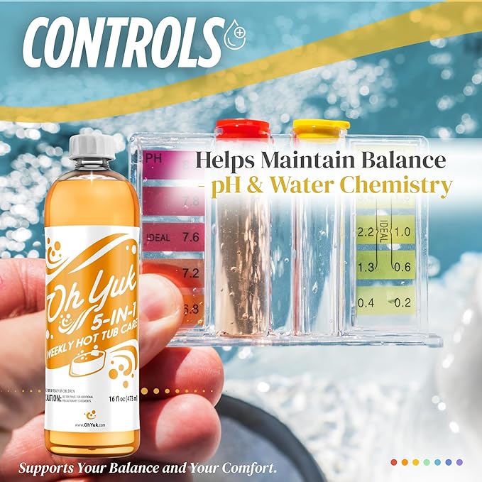 Oh Yuk 5-in-1 Weekly Hot Tub Care – All-in-One Spa Cleaner, Clarifier, Conditioner – Helps Control pH Balance & Combats Buildup – Hot Tub Chemicals for All Types Including Inflatable & Portable –16oz OhYuk