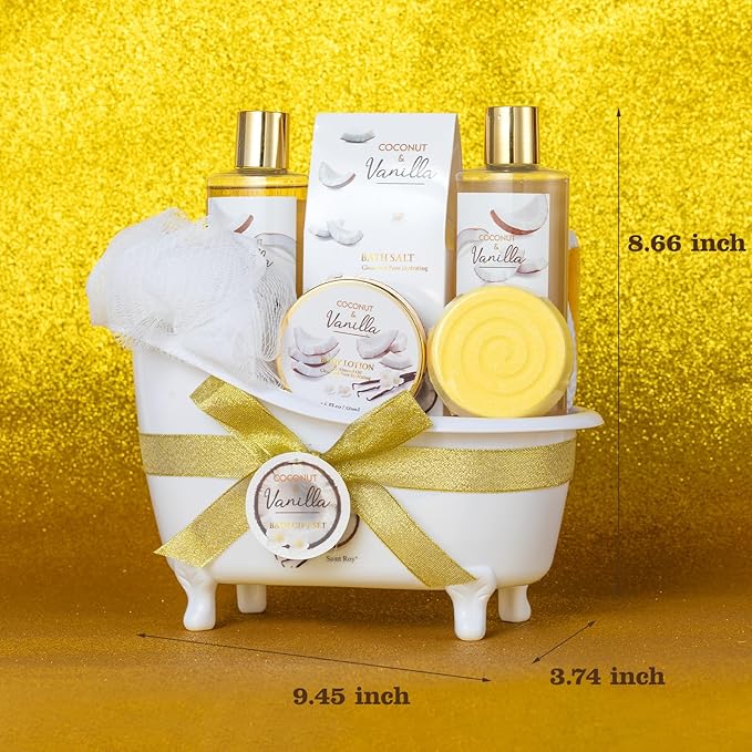 Christmas Gifts for Women and Men - 8-Piece Luxury Coconut Vanilla Bath & Body Gift Set for Women Self Care Kit Spa Gift Baskets | Perfect Gifts for Mom, Birthday Gifts, All Occasion Holiday Present SaintRoy