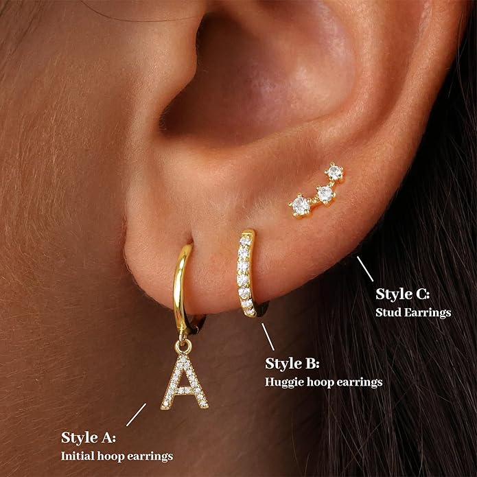 Christmas Gifts for Teen Girls Kids - 3 Pairs Gold Earrings for Women Huggie Hoop Earrings for Girls with Initial Dangle Cartilage Earring Studs Hypoallergenic Earring Set for Multiple Piercing JIAOGE