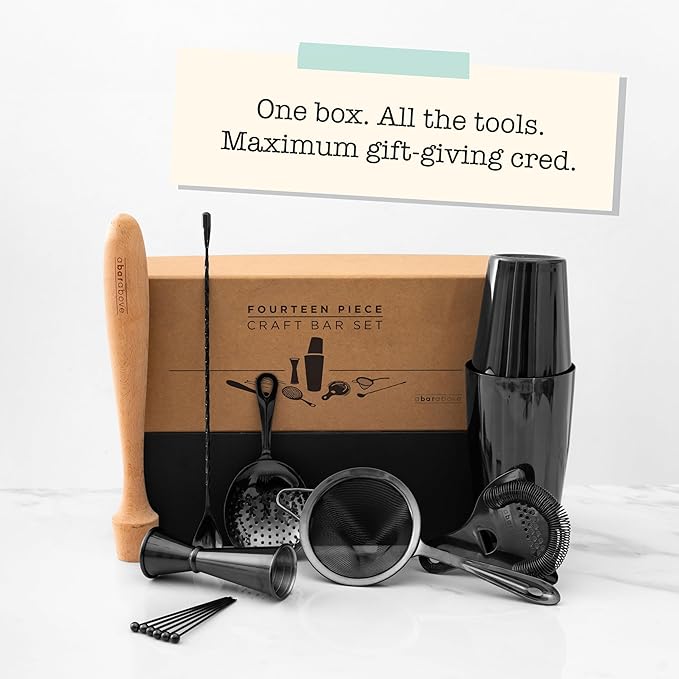A Bar Above 14-Piece Stainless Steel Bartender Kit, Premium Professional Barware Set for Home Bars and Mixologists, Includes Cocktail Shaker, Jigger, Spoon, Strainers, Muddler, Picks, and More ABarAbove