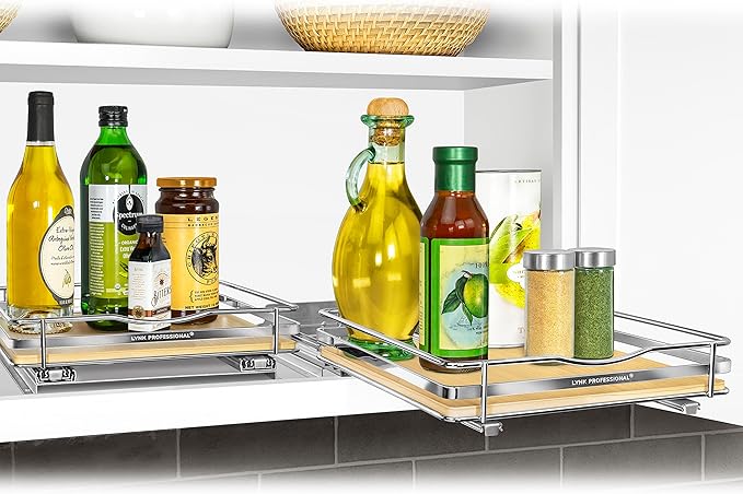 LYNK PROFESSIONAL® Élite™ Pull Out Spice Rack Organizer for Inside Kitchen Cabinets - 10-3/8 inch Wide - Slide Out Drawer – Wood/Chrome Sliding Spice Cabinet Organization Shelf Racks - 1 Tier LYNKPROFESSIONAL